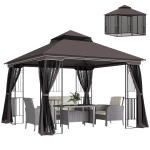 Outsunny Gazebo da Giardino 3x3m con Zanzariera e Tetto a 2 Livelli, Mensole Laterali e Ganci, Caffè