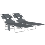 Outsunny 5-Position Adjustable Sun Loungers Set of 2 with Reading Hole and Side Pocket, Dark Grey