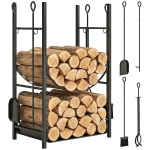 Outsunny Portalegna da Interno ed Esterno Rialzato a 2 Ripiani, Porta Legna da Ardere in Metallo con Supporti Rimovibili, Paletta, Scopa, Attizzatoio e Pinza, Capacità 70 kg, 44.5x29.5x73 cm, Nero