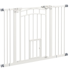 PawHut Pressure Fit Stair Dog Gate w/ Small Cat Door, Automatic Closing Door, Double Locking, for 74-100cm Openings - White