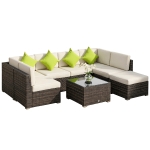 Outsunny 7-Seater PE Rattan Corner Sofa Set, Garden Furniture Set, Patio Wicker Sofa Seater w/ Cushion, Washable Cushion Cover & Tempered Glass Table, Brown