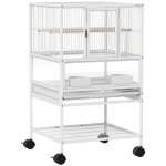 PawHut Jaula para Pájaros con Paneles Acrílicos Comederos Soporte Ruedas y Estante Inferior 48x46x83 cm Blanco