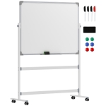 HOMCOM Dubbelzijdig Magnetisch Whiteboard met Standaard 120 x 90 cm – Droog uitwisbare Magnetische Bord met Pennenbakje en Aluminium Frame, Draaibaar en Verrijdbaar voor Kantoor en Thuis