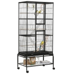 PawHut Jaula para Pájaros con Ruedas 83x53x180 cm Pajarera Metálica de 3 Niveles con 3 Perchas Comederos Juguetes Rampas Negro