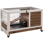 PawHut Jaula de Conejos Conejera para Mascotas Pequeñas con Techo Abrible y Bandeja Extraíble 90x53x59 cm Marrón
