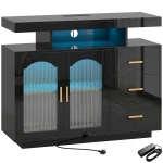 HOMCOM High Gloss Sideboard with LED Lights, Built-in Power Outlets, 3 Drawers, Shelves and 2 Acrylic Doors, Black
