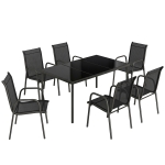 Outsunny Set de Grădină 7 piese din Oțel cu 6 Scaune Stivuibile din Textilenă și Masă de Cafea cu Blat din Sticlă, Negru