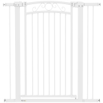 PawHut Puerta para Perros con Ancho Ajustable 76-104 cm Barrera de Seguridad con 2 Extensiones y Doble Bloqueo Blanco