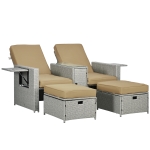 Outsunny 5PC PE Rattan Sun Lounger - Outdoor Wicker 5-Level Adjustable Recliner Sofa Bed with Storage Side Table and Footstools, for Patio, Garden, Poolside, Beige