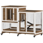 PawHut Coelheira de Madeira Interior Gaiola para Coelhos de 2 Níveis com Rodas 2 Rampas 3 Bandejas Amovíveis 110x50x86 cm Marrom