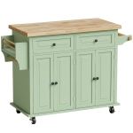 HOMCOM Rolling Kitchen Island Storage Trolley with Rubber Wood Top & Drawers for Dining Room, Light Green