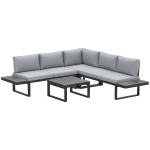 Outsunny 4 Pieces Garden Furniture Set, 5-Level Reclining Garden Corner Sofa Set, Outdoor Lounge Conversation Sectional with Cushions, Wood Effect Plastic Table, Black Frame & Light Grey Cushion