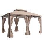 Outsunny Cenador para Jardín 3x4 m Pabellón de Jardín Gazebo con Doble Techo 6 Paredes Laterales Estructura Metálica Caqui