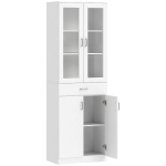 HOMCOM Buffet haut cuisine, armoire de cuisine, 4 portes dont 2 en verre, tiroirs, étagères réglables, 60x35x180cm, blanc