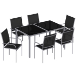 Outsunny 7 Piece Outdoor Garden Dining Set with Table and 6 Stackable Chairs, Steel Frame, Tempered Glass Top, Mesh Seats, Black