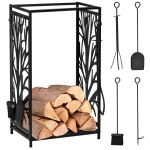HOMCOM Potalegna per Camino in Acciaio e Antiruggine, Porta Legna per Interni ed Esterni con Design Elegante e 4 Attrezzi, 46x30x70 cm, Nero