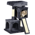 PawHut Albero Tiragraffi per Gatti con Pali in Sisal, Lettino e 2 Casette, 59x39x81cm, Grigio Scuro