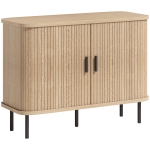 HOMCOM Buffet salon, meuble de rangement avec 2 portes coulissantes en tambour à lattes et 4 compartiments, chêne