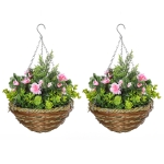 Outsunny Set 2 Piante Finte di Lisianthus con Vaso e Gancio, Piante Artificiali in PE e Vimini, Ø25x34 cm, Verde e Rosa