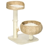 PawHut Kratzbaum, zwei Katzenbetten mit waschbaren Kissen, zwei Kratzstämme, Spielball, beige+cremeweiß, 48 x 48 x 72cm