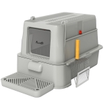 PawHut Caixa de Areia para Gatos de Aço Inoxidável XL com Tampa Articulada 180° Laterais Altas Pedal Pá 63x43x43 cm Cinza Claro