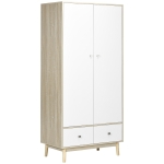 HOMCOM Armadio 2 Ante in Legno con 4 Vani, 2 Cassetti e Appendiabiti, Color Legno e Bianco, 90x50x190cm