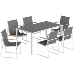 Outsunny Conjunto de Mesa y Sillas Jardín con Mesa de Vidrio Templado y 6 Sillas Transpirables para Terraza Patio Blanco y Gris