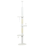 PawHut Deckenhoher Kratzbaum, variable Höhe 2,25-2,55 m, Sitzplattformen, Kippschutz, Spielbälle, weiß
