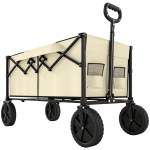 Outsunny 95L Foldable Festival Trolley on Wheels, Collapsible Wagon Cart with Adjustable Handle and 2 Cup Holders, Khaki