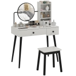 HOMCOM Dressing Table Set with Mirror and Stool, Vanity Makeup Table with 3 Drawers and Open Shelves for Bedroom, Living Room, Grey