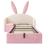 Bunny Ears Children's Bed with Hydraulic Storage, Adorable Bed for Girls Bedrooms, 206L x 149W x 143H cm, Beige+Pink
