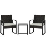 Outsunny Conjunto de Móveis de Exterior de 3 Peças em Vime PE com Cadeiras Mesa de Vidro Temperado e Almofadas Marrom e Creme