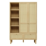 Rustic Oak Rattan Wardrobe with Clothes Rail and 2 Drawers, Wooden Armoire Closet Cabinet for Bedroom, 120L x 50W x 180H cm, Oak