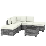 Outsunny Set Mobilier de Grădină din Ratan, 6 Piese, Fotoliu Colțar, Canapele fără Brațe, Suporturi pentru Picioare și Măsuță, Gri Amestecat