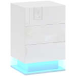 HOMCOM Mesita de Noche con LED RGB 3 Cajones y Mando a Distancia Diseño Moderno 40x35x60 cm Blanco Brillo