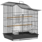 PawHut Cușcă pentru Păsări cu 4 Accesuri, 2 Boluri, 2 Stinghii și Tavă Detașabilă, Volieră din Metal și Plastic, 47,5x36x54,5 cm, Negru