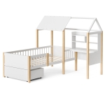 Modern House-Shaped Kids Bed Frame with L-Shaped Desk, Solid Wood Loft Bed with Roomy Rolling Drawers, 195L x 90W x 164.5H cm, White