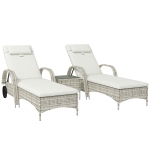 Outsunny Lot de 2 transats bains de soleil : matelas, têtière, inclinaison réglable roulettes + table basse verre trempé crème