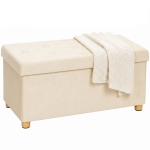 HOMCOM Velvet Upholstered Foldable Ottoman Footrest, Storage Ottoman Bench with Wood Legs for Living Room, Cream White