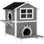 PawHut Buitenkattenhuis met Weerbestendig Dak, Venster, Balkon, Uitneembare Bodem, 2 Niveaus, voor 1-2 Katten, Grijs