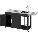 Outsunny Grillwagen Serveerwagen met Werkblad, Uitklapbare Zijplank, Kast, Spoelbak, Wielen, Roestvrij Staal 162,5x47x87cm Zwart