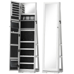 HOMCOM Espejo Joyero Giratorio 360° Organizador de Joyas con Cerradura y Espejo Pequeño Incorporado 38x38x160 cm Blanco Veteado