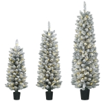 HOMCOM Zestaw 3 ośnieżonych choinek LED, wąskie, z gałązkami z PVC, 90/120/150 cm
