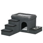 PawHut Kattenhuis Kattenhut Kattenhol, 3 huisdiertrappen, 2 voerbakken, 70 x 50 x 51 cm, Grijs