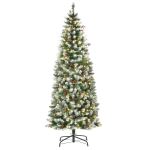 HOMCOM kerstboom 1,8 m kerstboom met 34 rode bessen dennenappels LED verlichting kunstspar 618 takken PVC staal groen + wit Ø65 x 180 cm