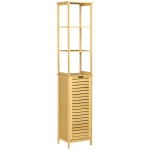 kleankin Badkamerkast, Hoge Kast met Drie Planken en een Kastvak met Lamellendeur, Kantelbeveiliging, Bamboe, 34 x 30 x 173 cm
