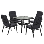 Outsunny 5 Pieces Outdoor Square Garden Dining Set w/ Tempered Glass Dining Table 4 Cushioned Armchairs, Umbrella Hole, Black
