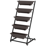 Outsunny 5-laags plantenrek, 145 cm hoog bloementoren met wieltjes en potten, stalen plantenplanken Bruin