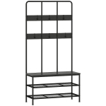 HOMCOM 3-in-1 kapstok met haken, bankje en schoenrek, metaal & spaanplaat, zwart