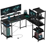 HOMCOM L-vormig bureau met oplaadstation, hoekcomputertafel met monitorstandaard en planken, voor thuiskantoor, kantoor, zwart
